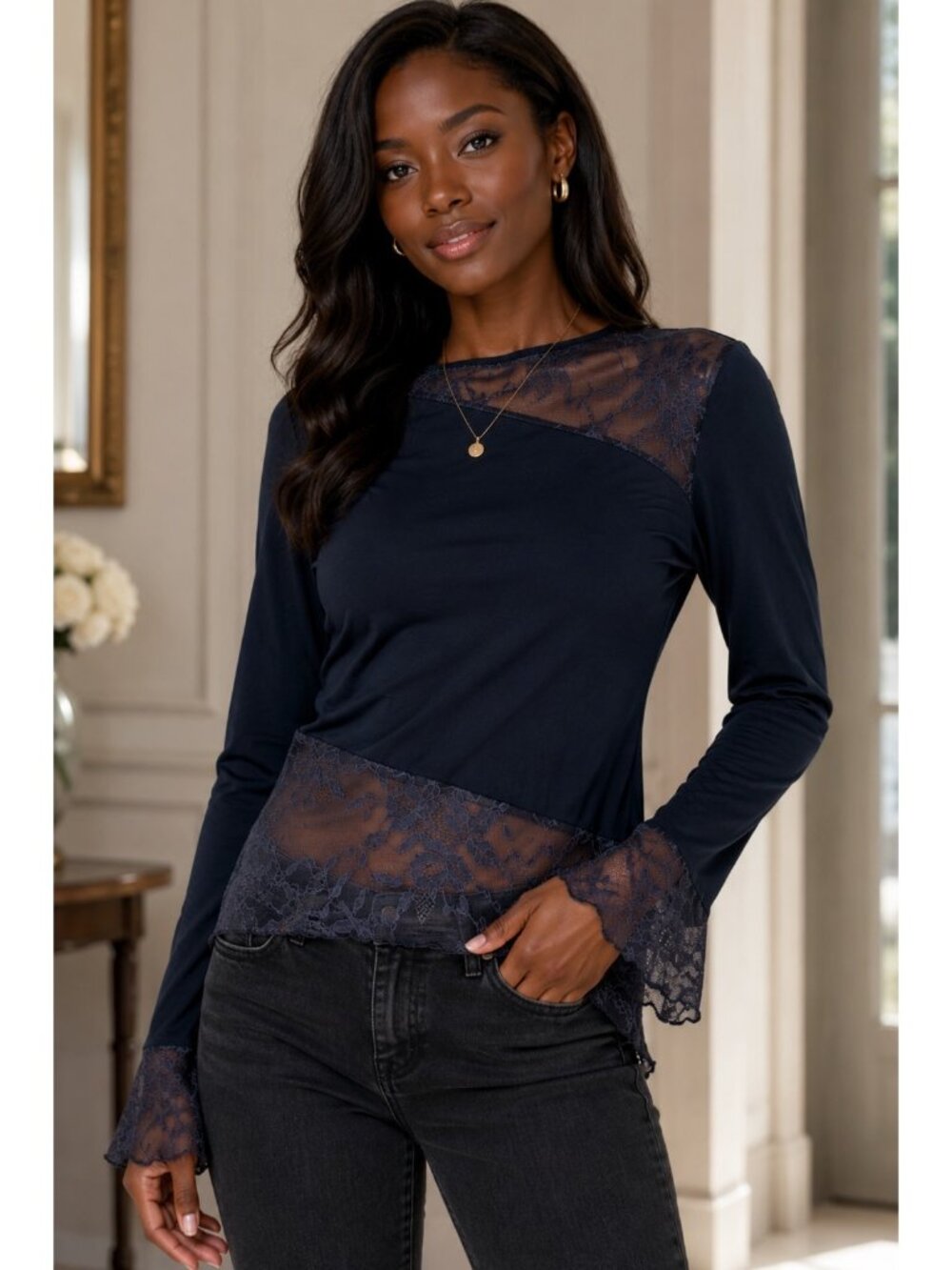 Poéselle Navy Lace Asymmetrical Long Sleeve Top Women’s Large 8/10 Romantic Goth